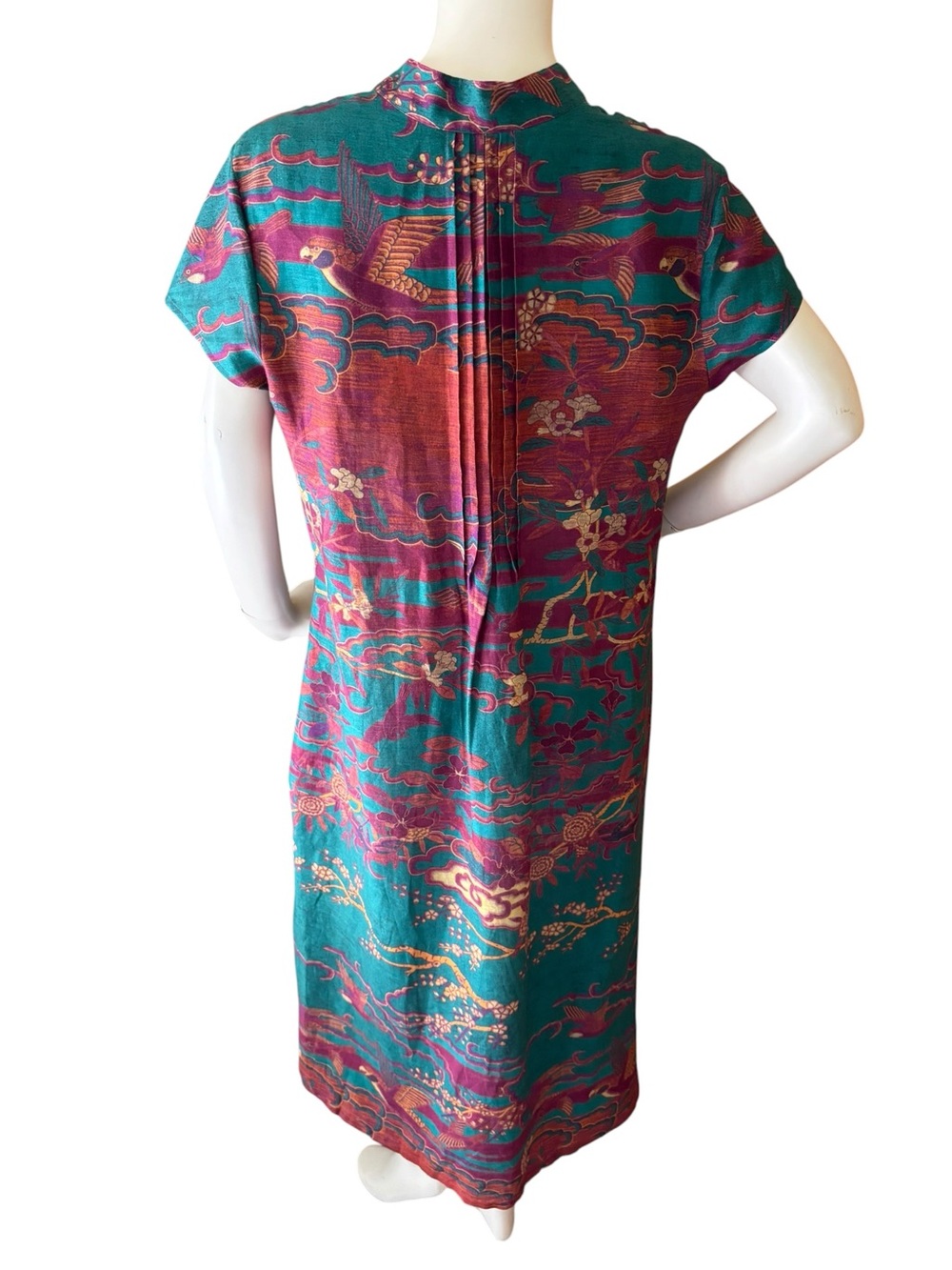 Peruvian Connection Floating World Linen Multicolor Printed Midi Dress, L - Picture 5 of 10